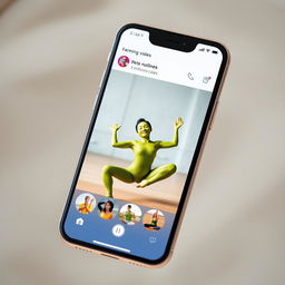 A realistic smartphone displaying a video on its screen featuring a feminine avocado gracefully performing yoga poses