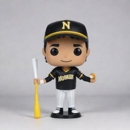 Generate an image of a Funko Pop figure, intricately designed as a baseball player from the team 'Novatico'. The uniform is white with thin white stripes, black and yellow letters, black sleeves, a black cap with a white embellished 'N' on the front. He is holding a baseball bat in one hand and celebrating with the other raised. The figure is smiling, revealing teeth, wearing black shoes with yellow laces, curly hair, glasses, a beard, and black and yellow gloves. The figure is displayed both in