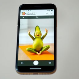 A realistic smartphone displaying a video on its screen featuring a feminine avocado performing yoga poses on a vibrant yoga mat