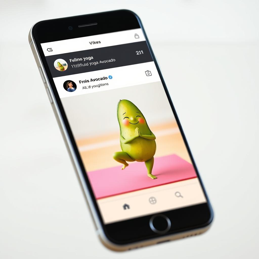 A realistic smartphone displaying a video on its screen featuring a feminine avocado performing yoga poses on a vibrant yoga mat