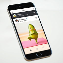 A realistic smartphone displaying a video on its screen featuring a feminine avocado performing yoga poses on a vibrant yoga mat