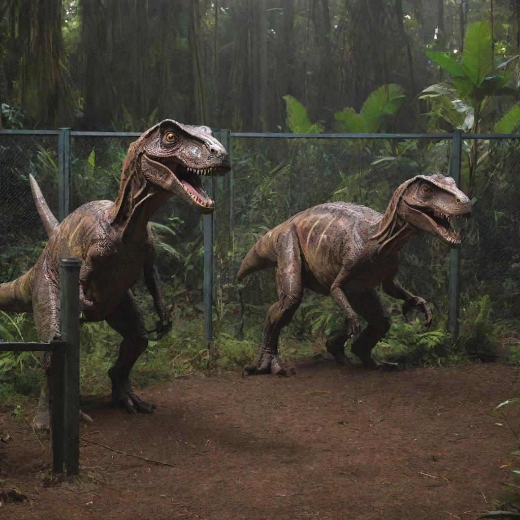 Enhance the image to also depict Velociraptors, these cunning predators enclosed within a separate 1000-watt electrified fence, mirroring the containment of the T-Rex. This amplifies the sense of awe and danger on Isla Nublar's Jurassic Park.