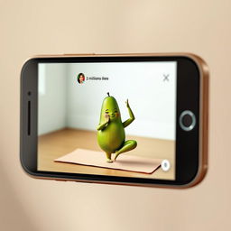 A realistic smartphone displaying a video on its screen featuring a feminine avocado performing yoga poses on a vibrant yoga mat