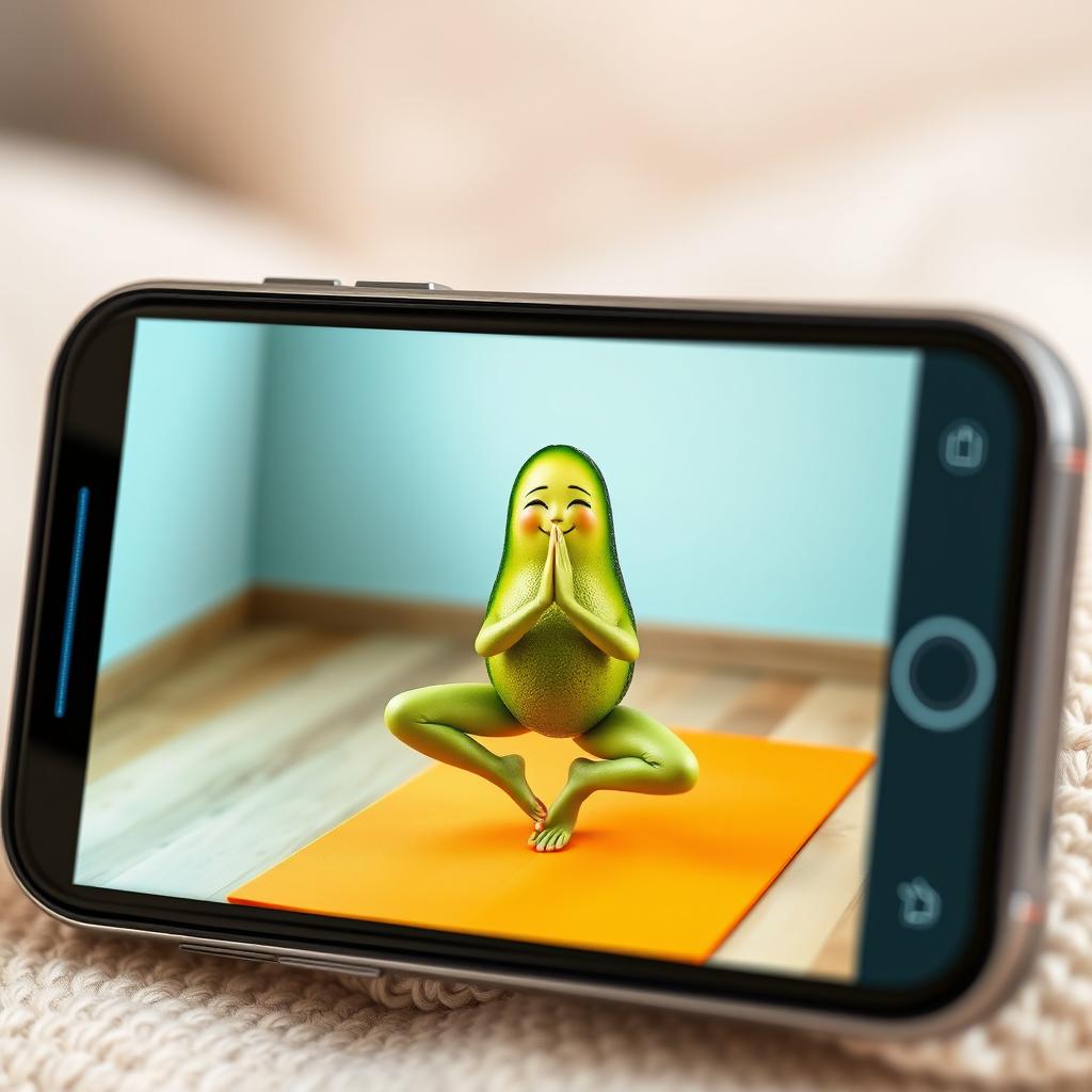 A realistic smartphone displaying a video on its screen featuring a feminine avocado performing yoga poses on a vibrant yoga mat