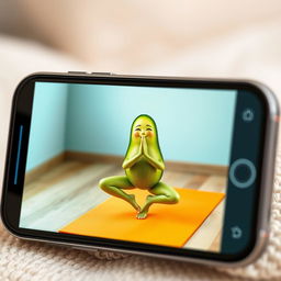 A realistic smartphone displaying a video on its screen featuring a feminine avocado performing yoga poses on a vibrant yoga mat