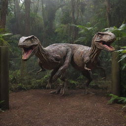 Enhance the image to also depict Velociraptors, these cunning predators enclosed within a separate 1000-watt electrified fence, mirroring the containment of the T-Rex. This amplifies the sense of awe and danger on Isla Nublar's Jurassic Park.