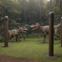 Enhance the image to also depict Velociraptors, these cunning predators enclosed within a separate 1000-watt electrified fence, mirroring the containment of the T-Rex. This amplifies the sense of awe and danger on Isla Nublar's Jurassic Park.