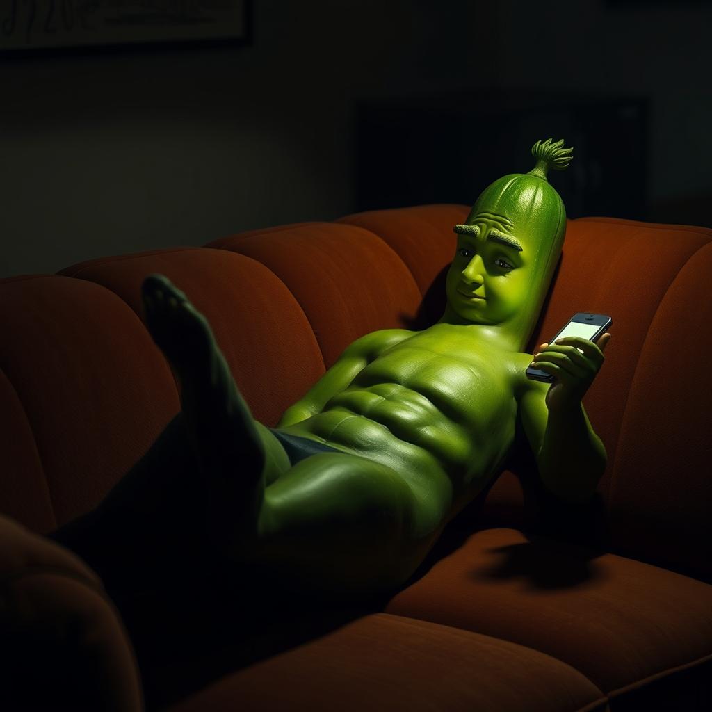 A realistic masculine cucumber lounging on a plush couch in a dimly lit room