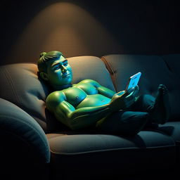 A realistic masculine cucumber lounging on a plush couch in a dimly lit room