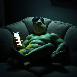 A realistic masculine cucumber lounging on a plush couch in a dimly lit room