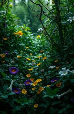 A captivating scene featuring a lush forest green color scheme, densely filled with vibrant plants and colorful flowers