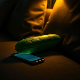 A realistic cucumber resting on a cozy couch in a dimly lit room