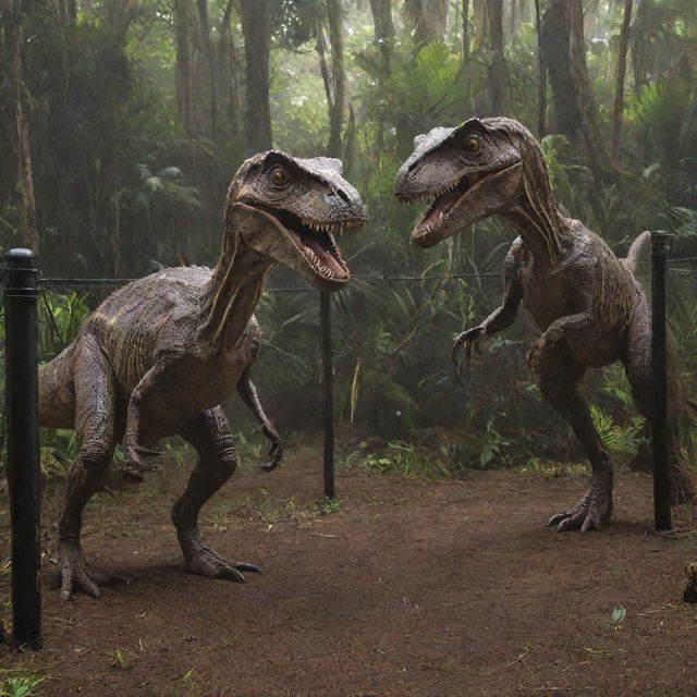 Enhance the image to also depict Velociraptors, these cunning predators enclosed within a separate 1000-watt electrified fence, mirroring the containment of the T-Rex. This amplifies the sense of awe and danger on Isla Nublar's Jurassic Park.