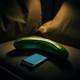 A realistic cucumber resting on a cozy couch in a dimly lit room