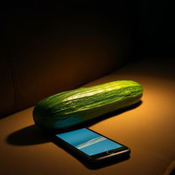 A realistic cucumber resting on a cozy couch in a dimly lit room