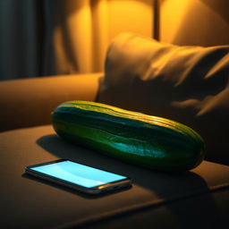 A realistic cucumber resting on a cozy couch in a dimly lit room