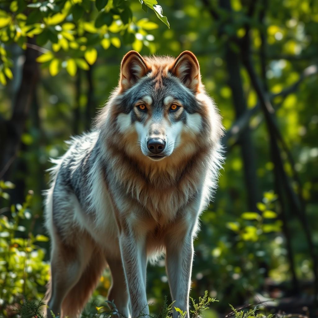 A stunning raw photograph of a majestic wolf standing proudly in a lush green forest