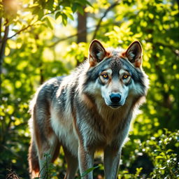 A stunning raw photograph of a majestic wolf standing proudly in a lush green forest