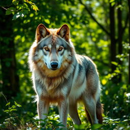 A stunning raw photograph of a majestic wolf standing proudly in a lush green forest