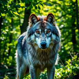 A stunning raw photograph of a majestic wolf standing proudly in a lush green forest