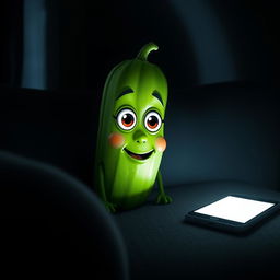 A realistic cucumber with expressive cartoonish eyes perched on a cozy couch in a dimly lit room