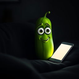 A realistic cucumber with expressive cartoonish eyes perched on a cozy couch in a dimly lit room