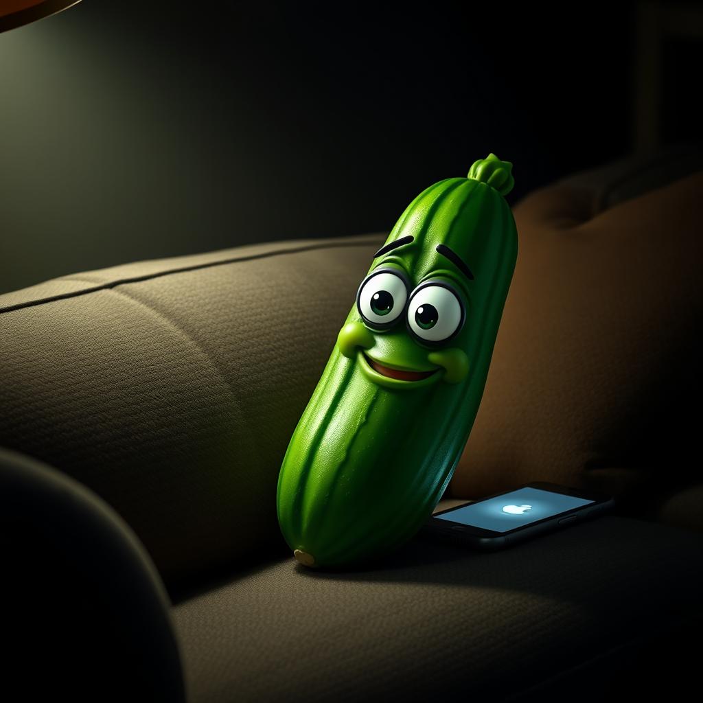 A realistic cucumber with expressive cartoonish eyes perched on a cozy couch in a dimly lit room