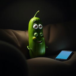 A realistic cucumber with expressive cartoonish eyes perched on a cozy couch in a dimly lit room