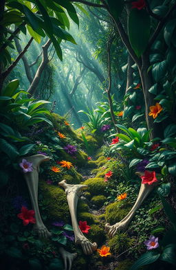 A mystical scene showcasing a dense, lush forest filled with vibrant green foliage, various exotic plants, and colorful flowers interspersed throughout