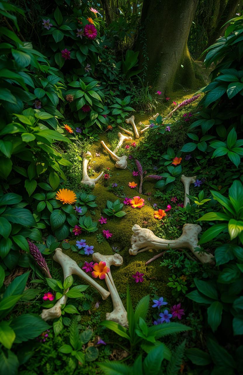 A mystical scene showcasing a dense, lush forest filled with vibrant green foliage, various exotic plants, and colorful flowers interspersed throughout