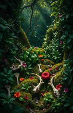 A mystical scene showcasing a dense, lush forest filled with vibrant green foliage, various exotic plants, and colorful flowers interspersed throughout