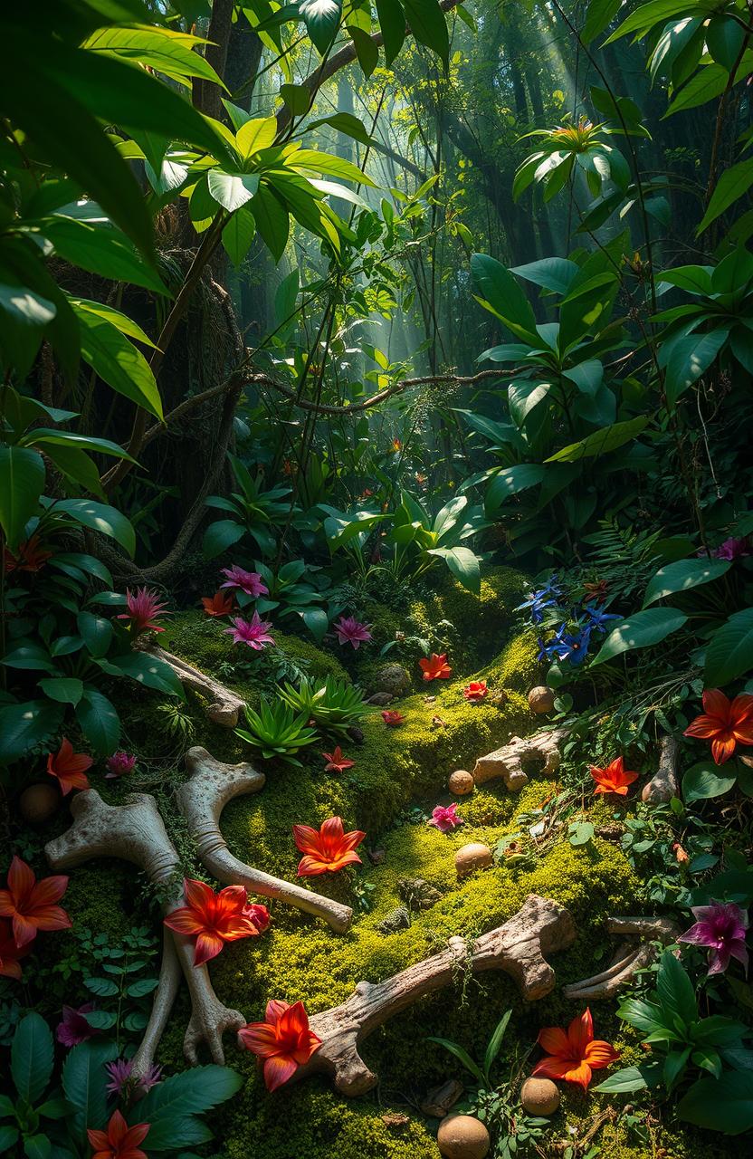 A mystical scene showcasing a dense, lush forest filled with vibrant green foliage, various exotic plants, and colorful flowers interspersed throughout