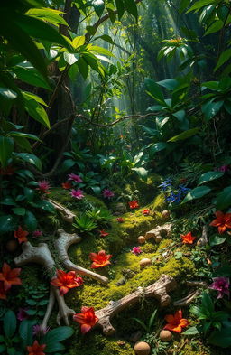 A mystical scene showcasing a dense, lush forest filled with vibrant green foliage, various exotic plants, and colorful flowers interspersed throughout