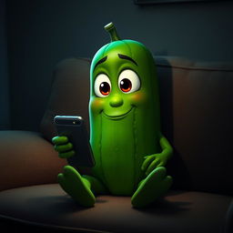 A realistic cucumber with cartoonish eyes sitting on a cozy couch, holding a smartphone in its leafy hand