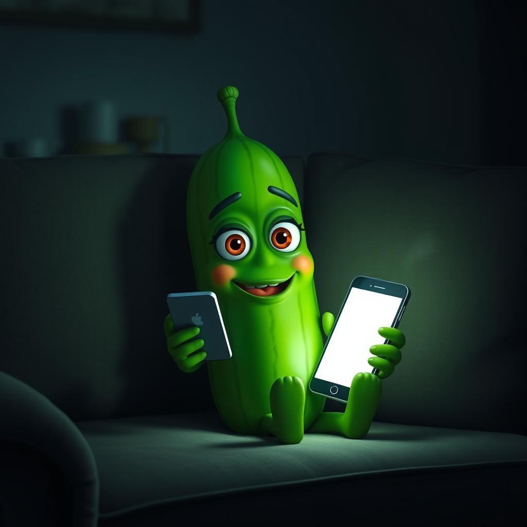 A realistic cucumber with cartoonish eyes sitting on a cozy couch, holding a smartphone in its leafy hand