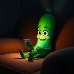 A realistic cucumber with cartoonish eyes sitting on a cozy couch, holding a smartphone in its leafy hand