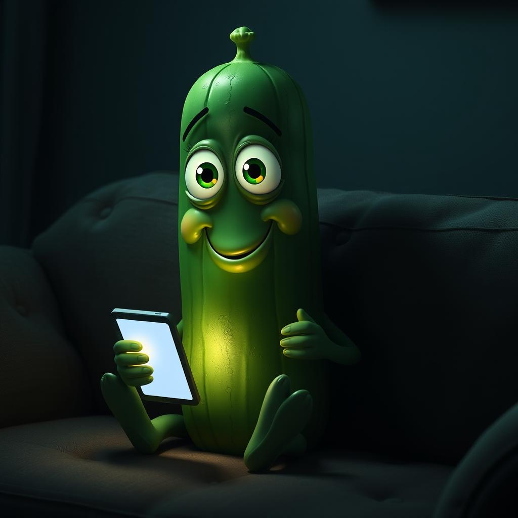 A realistic cucumber with cartoonish eyes sitting on a cozy couch, holding a smartphone in its leafy hand