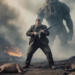 A strong man heroically standing over a fallen monstrous creature, his trusty PPSh submachine gun smoking from recent use. The atmosphere is tense, yet victorious.