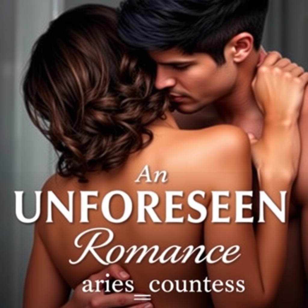 A steamy romance novel cover for 'An Unforeseen Romance', showcasing a handsome, sexy man with striking black hair and a chiseled face gently sucking the neck of a shorter, alluring woman with wavy brown hair