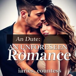 A steamy romance novel cover for 'An Unforeseen Romance', showcasing a handsome, sexy man with striking black hair and a chiseled face gently sucking the neck of a shorter, alluring woman with wavy brown hair