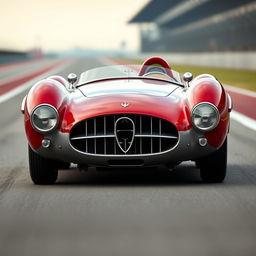 A stunning representation of a hybrid race car, combining the sleek and elegant lines of a 1955 Maserati 200SI with the aggressive styling and curves of a Ferrari 196SP