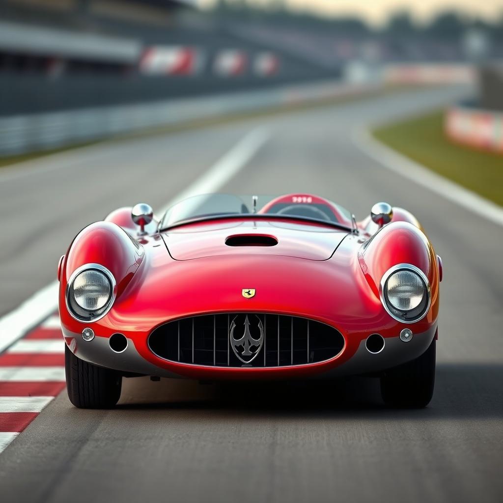 A stunning representation of a hybrid race car, combining the sleek and elegant lines of a 1955 Maserati 200SI with the aggressive styling and curves of a Ferrari 196SP