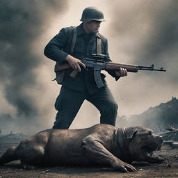 A strong man heroically standing over a fallen monstrous creature, his trusty PPSh submachine gun smoking from recent use. The atmosphere is tense, yet victorious.