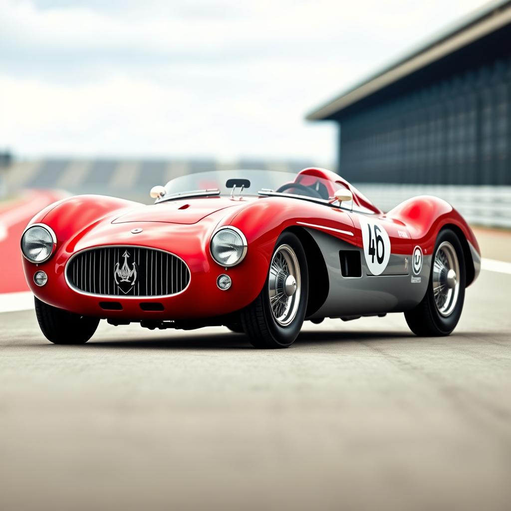 A stunning representation of a hybrid race car, combining the sleek and elegant lines of a 1955 Maserati 200SI with the aggressive styling and curves of a Ferrari 196SP