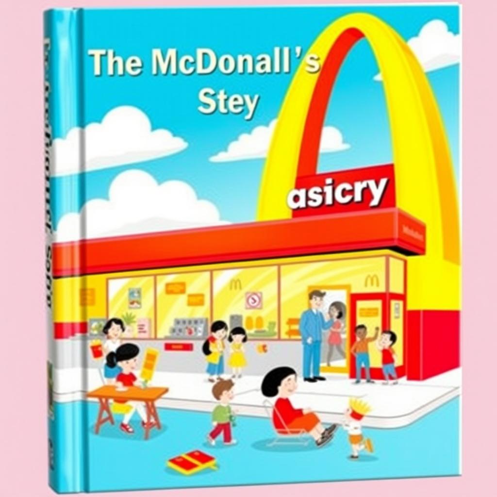 An eye-catching book cover for 'The McDonald's Story', featuring a whimsical, colorful illustration of a classic McDonald's restaurant with the iconic golden arches prominently displayed