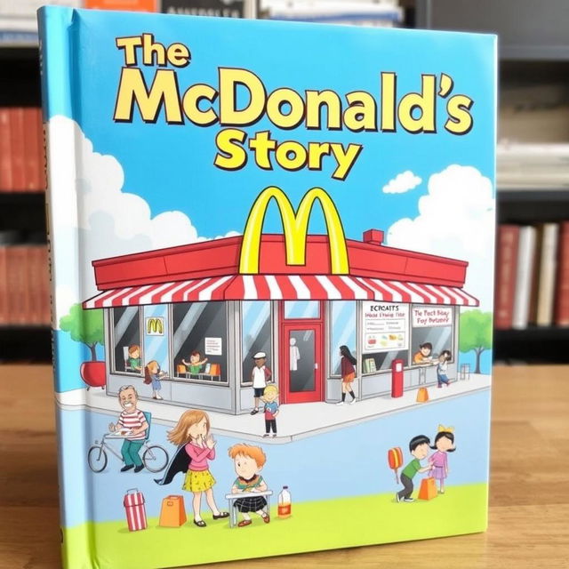 An eye-catching book cover for 'The McDonald's Story', featuring a whimsical, colorful illustration of a classic McDonald's restaurant with the iconic golden arches prominently displayed