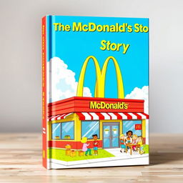 An eye-catching book cover for 'The McDonald's Story', featuring a whimsical, colorful illustration of a classic McDonald's restaurant with the iconic golden arches prominently displayed