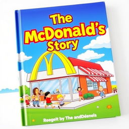 An eye-catching book cover for 'The McDonald's Story', featuring a whimsical, colorful illustration of a classic McDonald's restaurant with the iconic golden arches prominently displayed