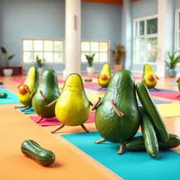 A lively scene featuring a group of realistic avocados and cucumbers practicing yoga on bright, colorful yoga mats inside a spacious yoga center