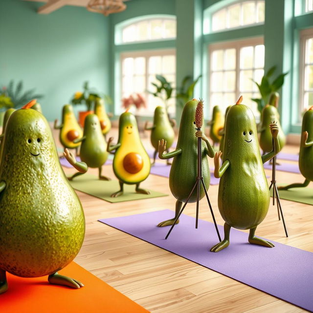 A lively scene featuring a group of realistic avocados and cucumbers practicing yoga on bright, colorful yoga mats inside a spacious yoga center